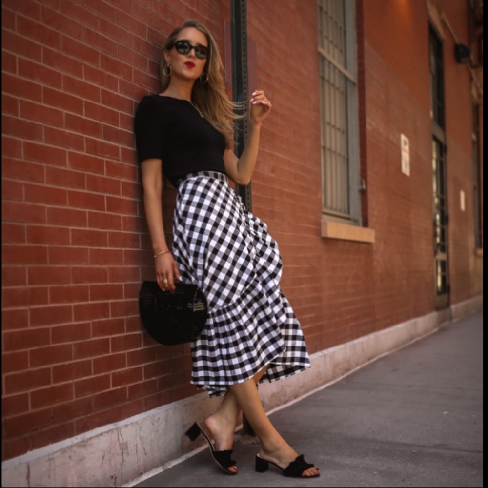 J. Crew Skirt Gingham Wrap Midi Ruffle Checkered Navy White Size 8